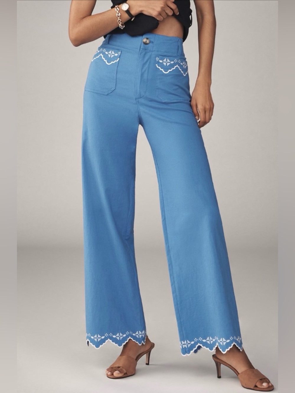 Anthropologie Colette Blue Linen Lace Trim Full Length Wide Leg Pants Maeve 30 - Picture 12 of 12